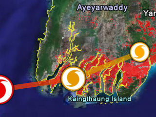 Force du cyclone et zone inondées (rouge)